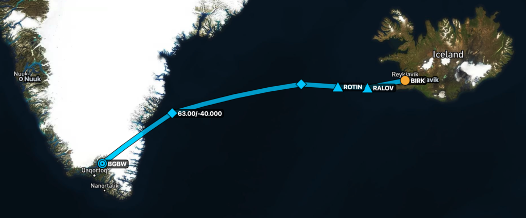 A map showing the route between Iceland and Greenland